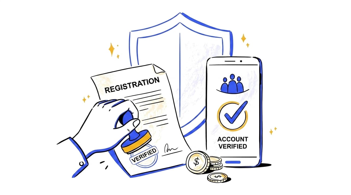 Illustration of a registration document being stamped verified, a shield, a phone showing an account verified, and coins